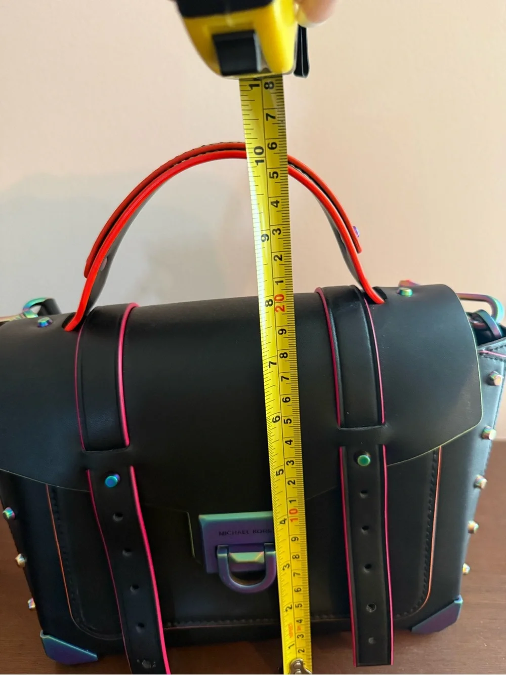 Michael Kors Manhattan Black Leather Satchel Rainbow Hardware EUC